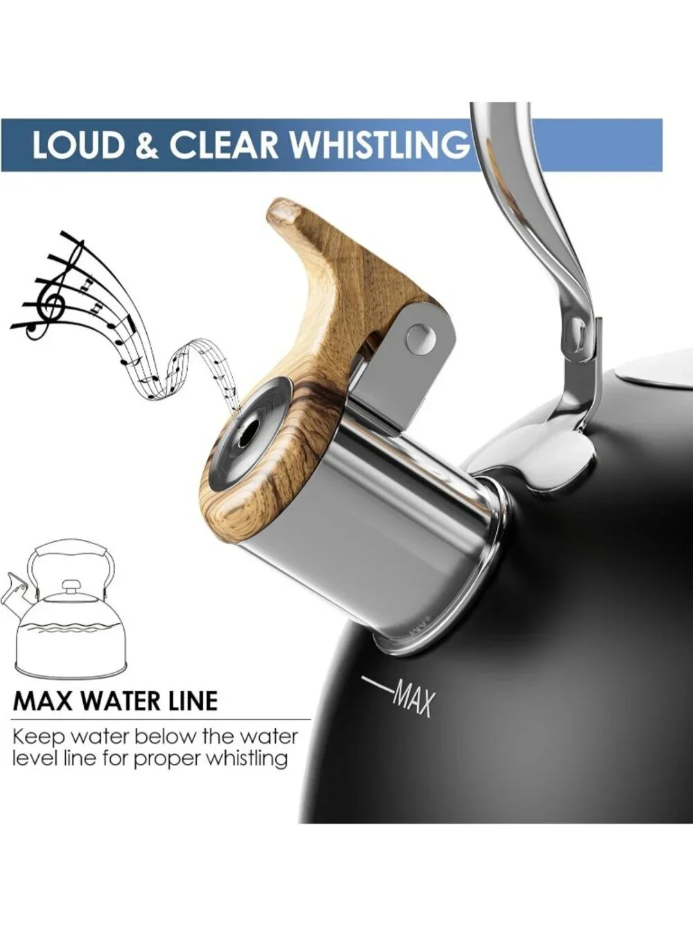 Black Kitchen Whistling Tea Kettle 2.6 Quart Stainless Steel Stovetop Induction